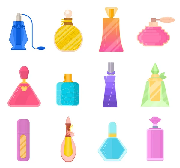 Juego de iconos de botellas de perfume de color de dibujos animados. Vector — Vector de stock