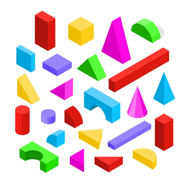Juego de iconos de juguete de bloques de madera de color 3d vista isométrica. Vector — Vector de stock