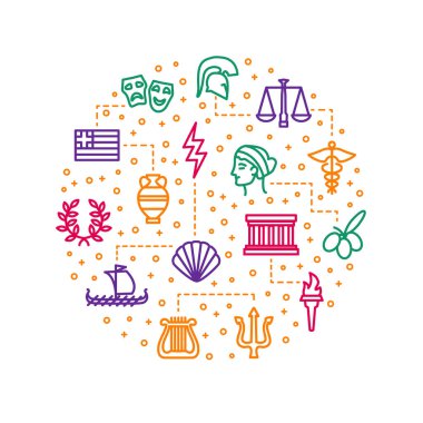 Yunan Konsepti İnce Çizgi Renk Yuvarlak Tasarım Şablonu. Vektör