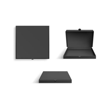 Gerçekçi 3d Detaylı Siyah Boş Pizza Karton Kutuları Şablon Model Ayarları. Vektör