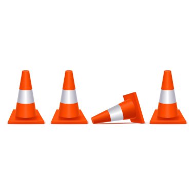 Gerçekçi 3d Detaylı Plastik Trafik Konileri Sırası. Vektör