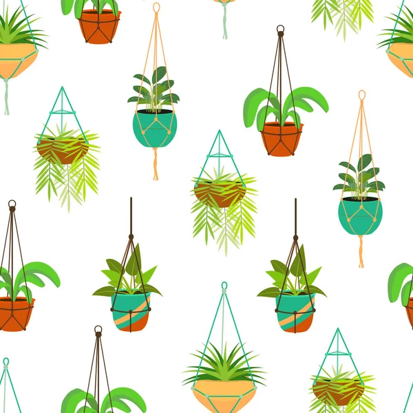 Cor dos desenhos animados Macrame ganchos para plantas em casa sem costura padrão de fundo. Vetor — Vetor de Stock