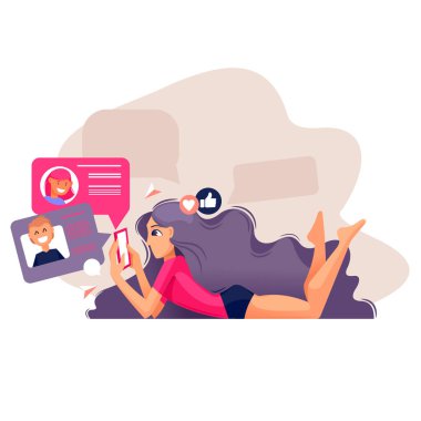 Çizgi film karakteri kız internette sörf yapıyor. Vektör