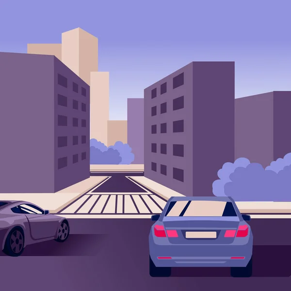 Escena del paisaje de la calle de la ciudad del color de la historieta y concepto del coche. Vector — Archivo Imágenes Vectoriales