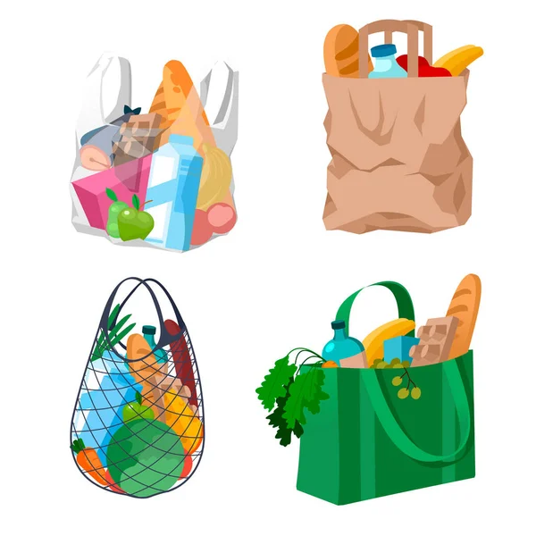 Cartoon Color Shopping Bags Cestas Ícones Set. Vetor —  Vetores de Stock