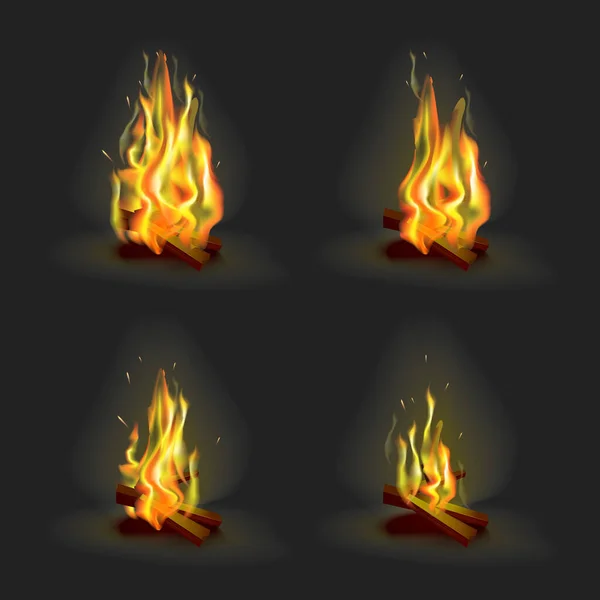 Realista 3d Juego de llamas de fuego detallado. Vector — Archivo Imágenes Vectoriales
