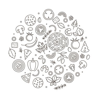 Pizza İşareti Yuvarlak Tasarım Şablonu Siyah İnce Çizgili Simge Afişi. Vektör