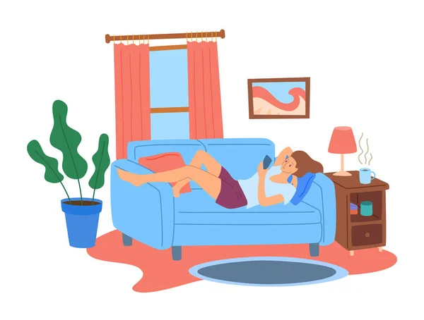 Personaje de color de dibujos animados mujer en el sofá con concepto de teléfono inteligente. Vector — Vector de stock