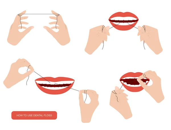 Χρώμα κινουμένων σχεδίων Πώς να χρησιμοποιήσετε το Dental Floss Concept. Διάνυσμα — Διανυσματικό Αρχείο