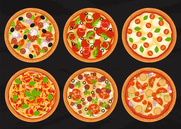 Cartoon Color Verschiedene Pizza Icon Set vorhanden. Vektor — Stockvektor