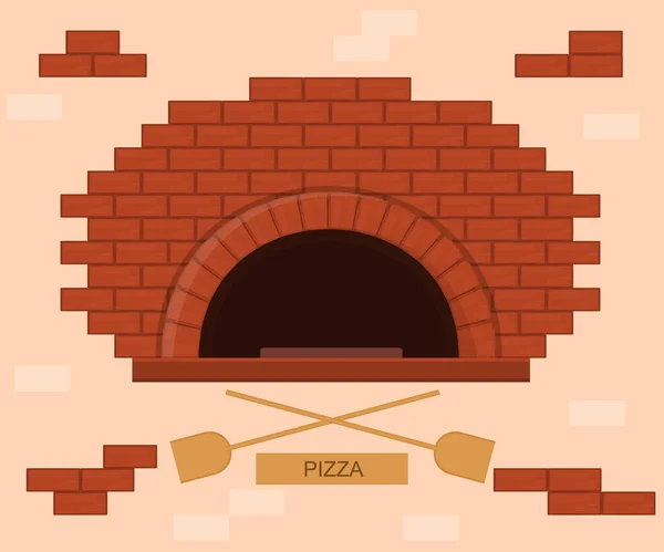 Tecknad färg Pizza Ugn med skyfflar koncept. Vektor — Stock vektor