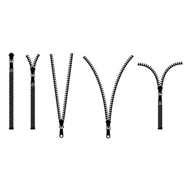 Siluet Fermuarları Çeşitli Tip Şekilleri Simge Ayarları. Vektör