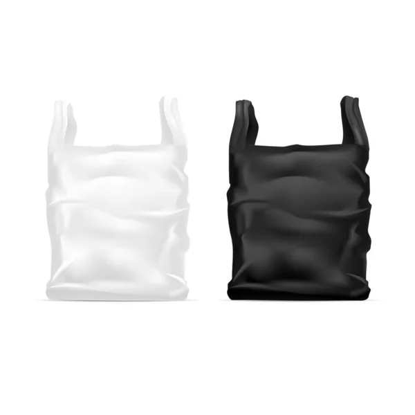 Realista detalhada 3d branco e preto em branco descartável plástico saco modelo Mockup. Vetor — Vetor de Stock