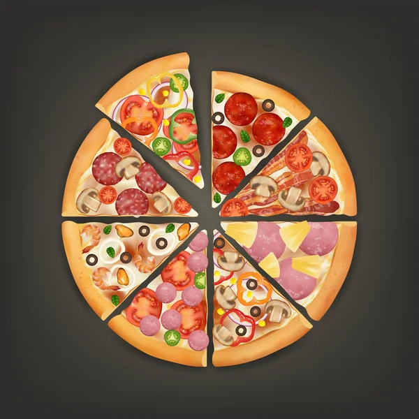 Fatia 3d detalhada realista da pizza com tipo diferente conjunto de ingredientes. Vetor — Vetor de Stock