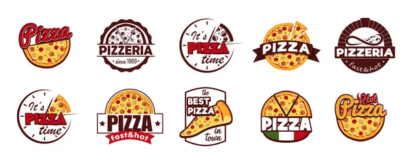 Dibujos animados Color Pizzeria Label Badge Sign Set Concept Flat Design Style. Vector — Archivo Imágenes Vectoriales