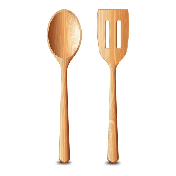 Juego de utensilios de cocina de madera 3d detallados realistas. Vector — Archivo Imágenes Vectoriales