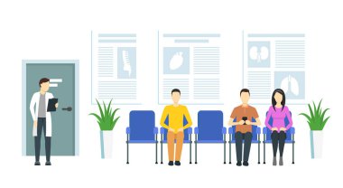 İçerideki İnsanlarla Çizgi Film Sırası Hastanesi. Vektör