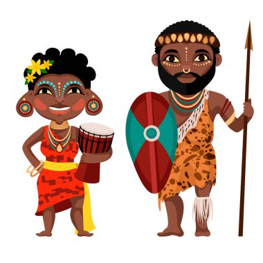 Karikatür Rengi Karakterleri Afrikalı İnsanlar Konsepti. Vektör