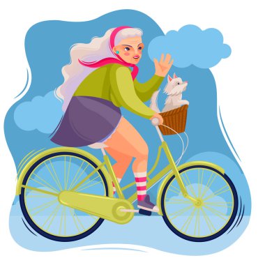 Çizgi film Renk Karakteri Bisiklet Süren Yaşlı Kadın Konsepti. Vektör