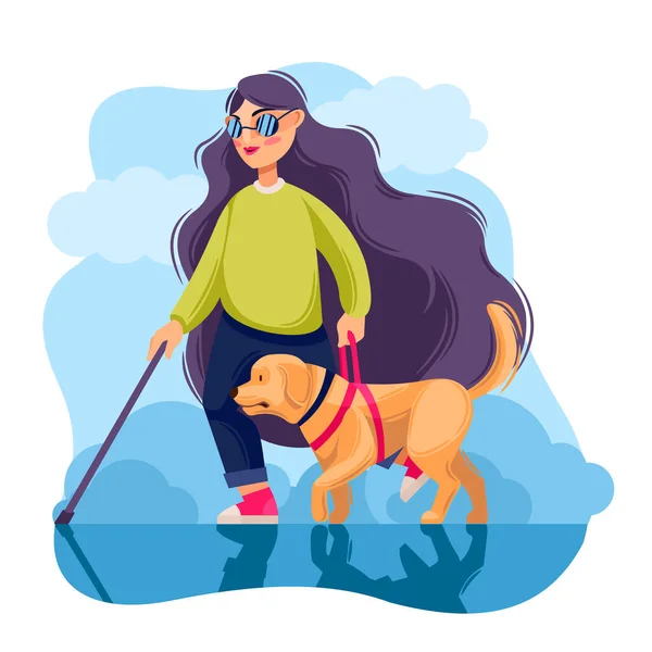 Cartoon Color Character Person Blind Girl and Guide Dog Concept. Vector — Stock Vector