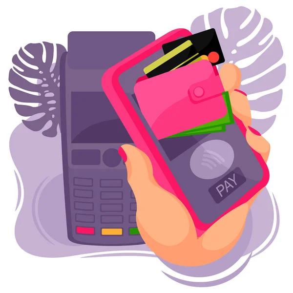 Cartoon Color Human Hand and Card Pay Mobile Concept (en inglés). Vector — Archivo Imágenes Vectoriales