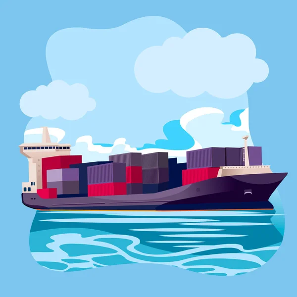 Tecknad färg Cargo Ship i Sea Port Landscape Scene Concept. Vektor — Stock vektor