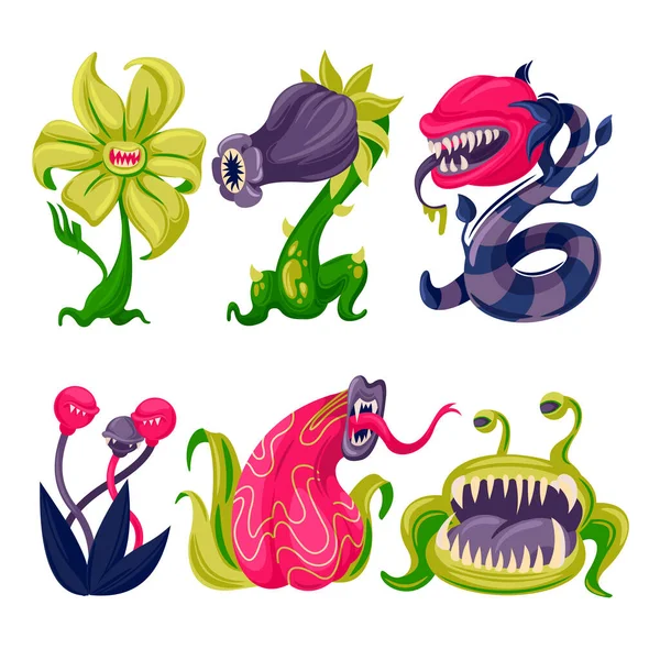 Cartoon Color Carnivore Plants Icons Set. Vettore — Vettoriale Stock