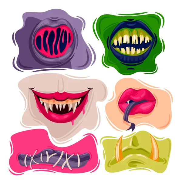 Dibujos animados Color Espeluznante bocas iconos conjunto. Vector — Vector de stock