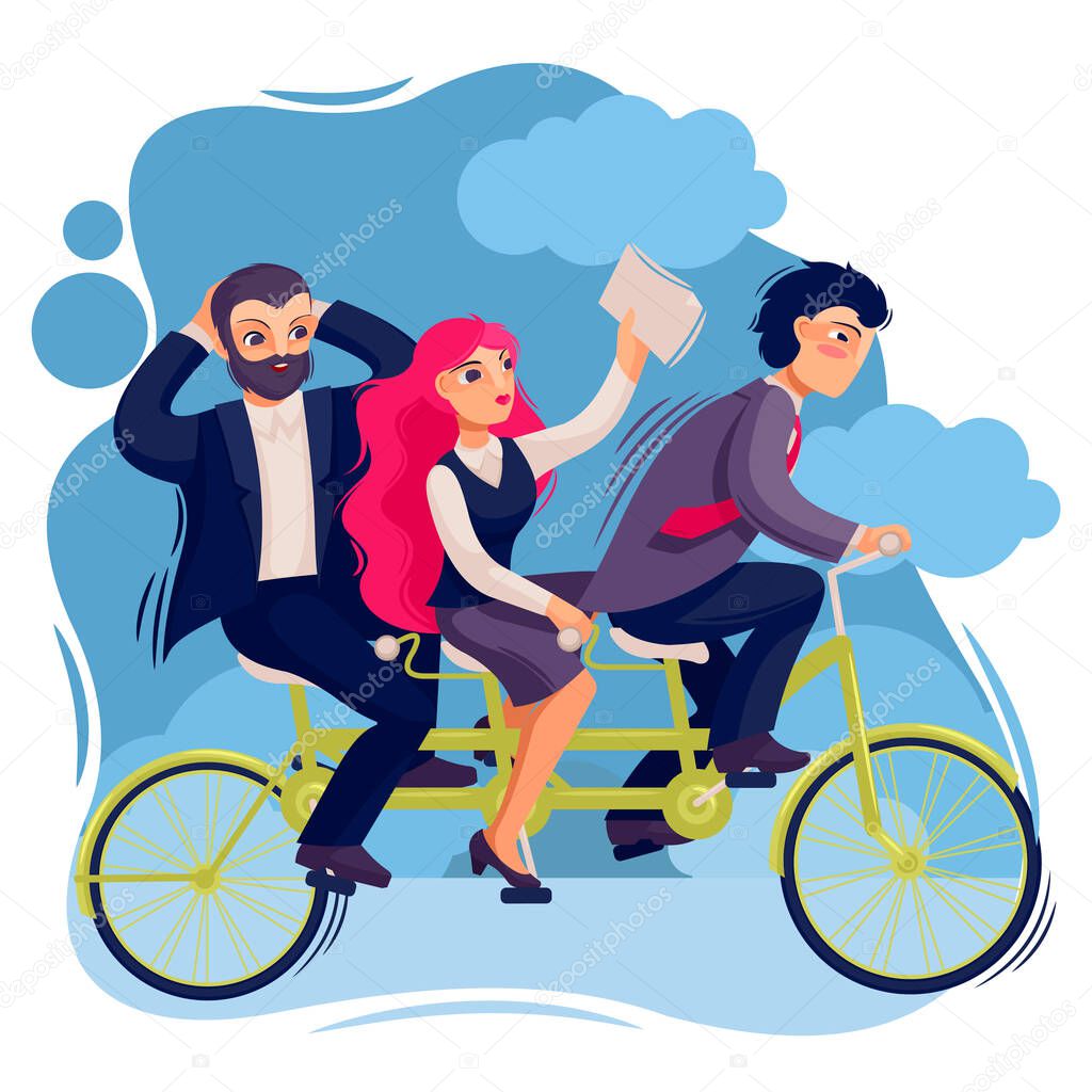 Cartoon Color Characters People Business Person Tandem Bike Concept. Vector