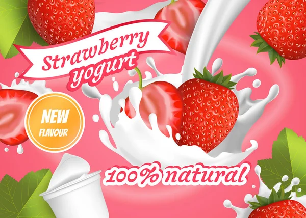 Realistik Detail 3d Red Strawberry Yogurt Iklan Banner Konsep Kartu Poster. Vektor - Stok Vektor