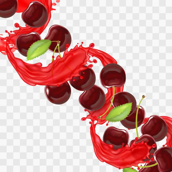 Realista detallado 3d bayas rojas de la cereza con el jugo del chapoteo. Vector — Vector de stock