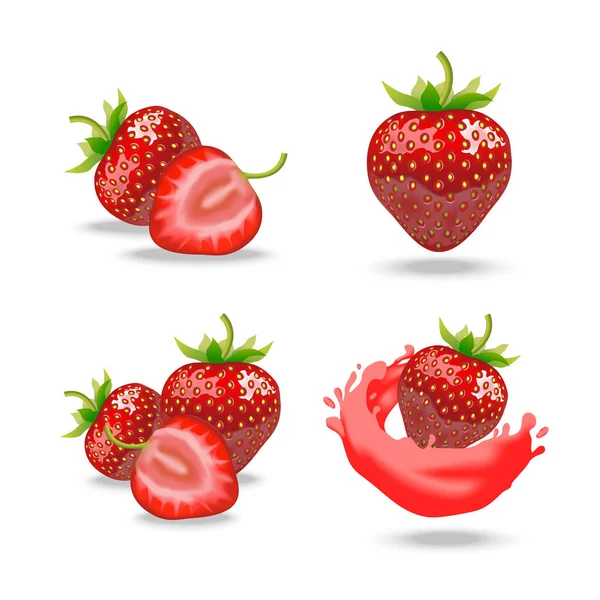 Rincian Realistik 3d Red Strawberry Set. Vektor - Stok Vektor