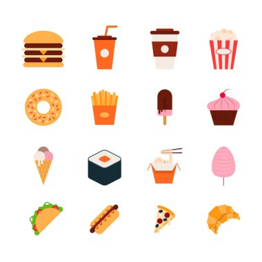 Çizgi film Rengi Fast Food Simgeleri Set. Vektör