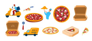 Çizgi film Rengi Farklı Pizza Simgeleri Seti. Vektör
