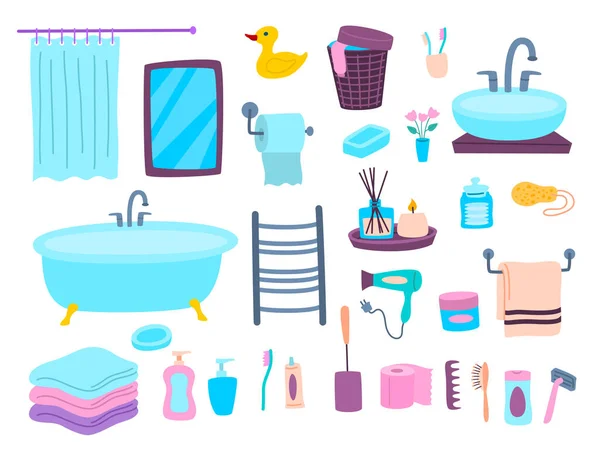 Cartoon Color Bathroom Elements Icons Set (dalam bahasa Inggris). Vektor - Stok Vektor