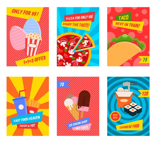 Dibujos animados Color Fast Food Concept Placa Plantilla Banner Set. Vector — Archivo Imágenes Vectoriales