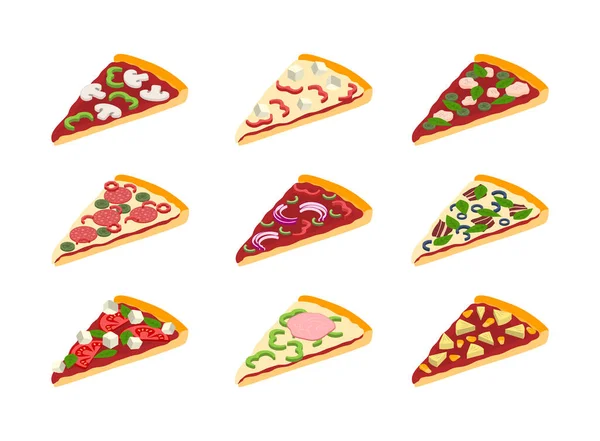 Мультфильм Цвет Различные ломтики пиццы иконки набор. Вектор — стоковый вектор