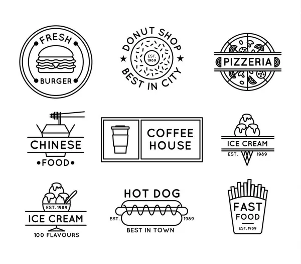 Street Food Sign Concept Black Thin Line Label Badge Set. Vektor — Stockvektor