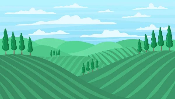 Dibujos animados Color Tuscan Wine Field Landscape Scene Concept. Vector — Archivo Imágenes Vectoriales