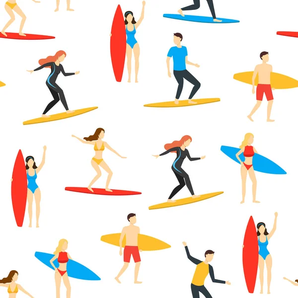 Çizgi film Farklı Karakterler İnsanlar Kusursuz Sörfçüler Arkaplanı. Vektör — Stok Vektör
