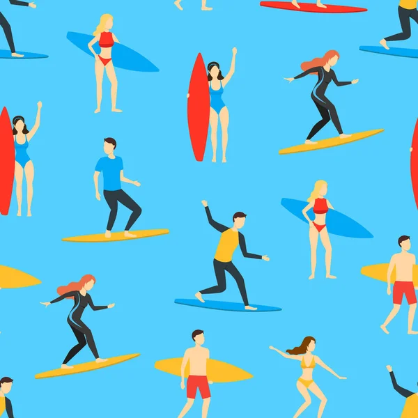 Desenhos animados Personagens diferentes Pessoas Surfistas Padrão sem costura Fundo. Vetor — Vetor de Stock