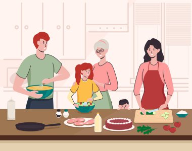 Çizgi film Karakterleri İnsanlar ve Aile Aşçılığı Konsepti. Vektör