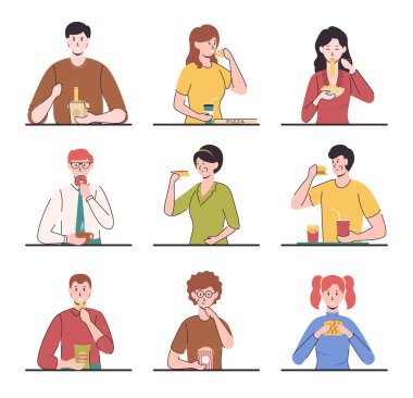 Karikatür Rengi Karakterleri Farklı Yemek Kavramları Yiyen İnsanlar. Vektör