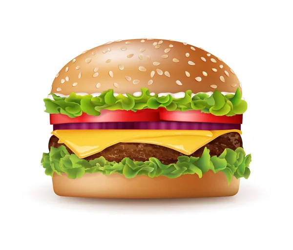 Realista detallada 3d sabrosa hamburguesa grande. Vector — Vector de stock