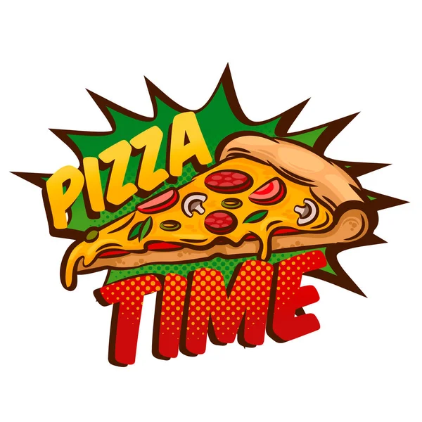 Signo de insignia de etiqueta de rebanadas de pizza a color de dibujos animados. Vector — Vector de stock