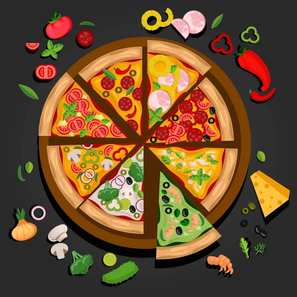 Pizzanın Renkli Dilimleri Çizgi Filmi Yarat Konsepti. Vektör — Stok Vektör