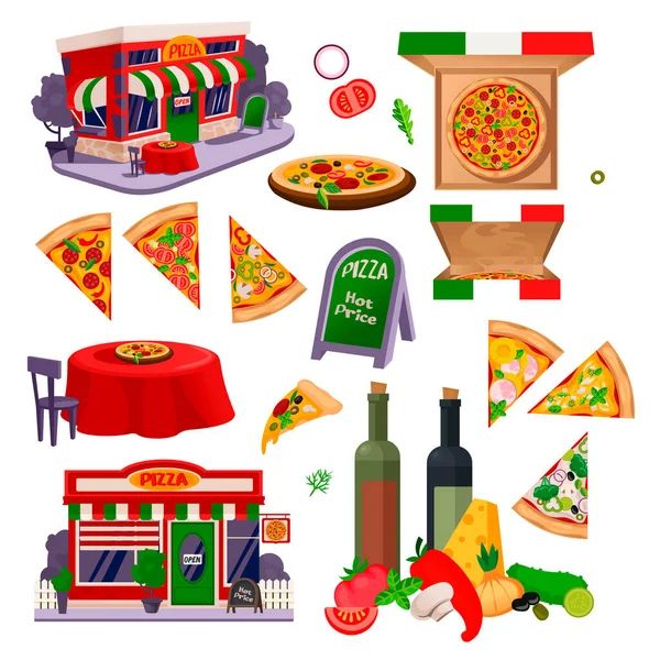 Dibujos animados Color Pizza hacer iconos conjunto. Vector — Vector de stock