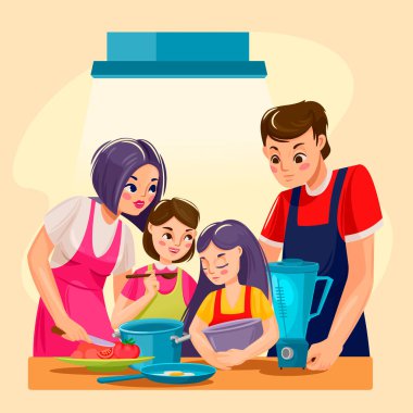 Çizgi film Renk Karakterleri Aile Aşçılığı Konsepti. Vektör