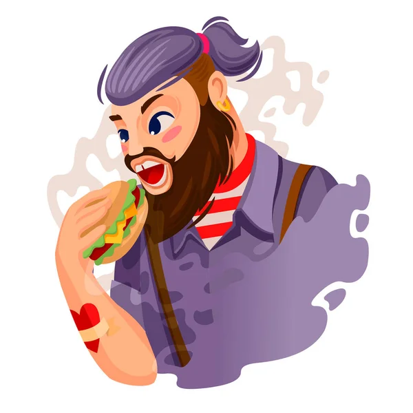 Tecknad färg Karaktär Person Hipster Man äter Burger Concept. Vektor — Stock vektor