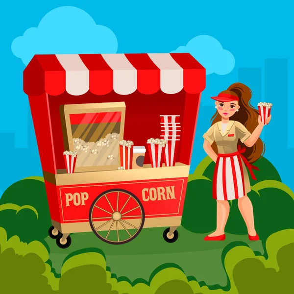 Personaje de color de dibujos animados Persona Mujer vende Pop Corn Concept. Vector — Vector de stock